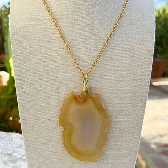 Large Golden Geode Slab Pendant Necklace 18” - Picture 9 of 9